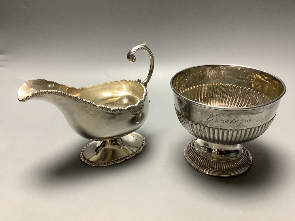 A late Victorian demi fluted silver sugar bowl & a sauceboat.